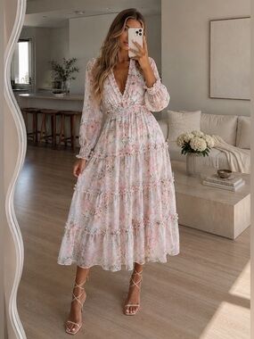 Needle & Thread Rose Powder Chiffon Tiered Romantic Whimsical Gown in Moonshine